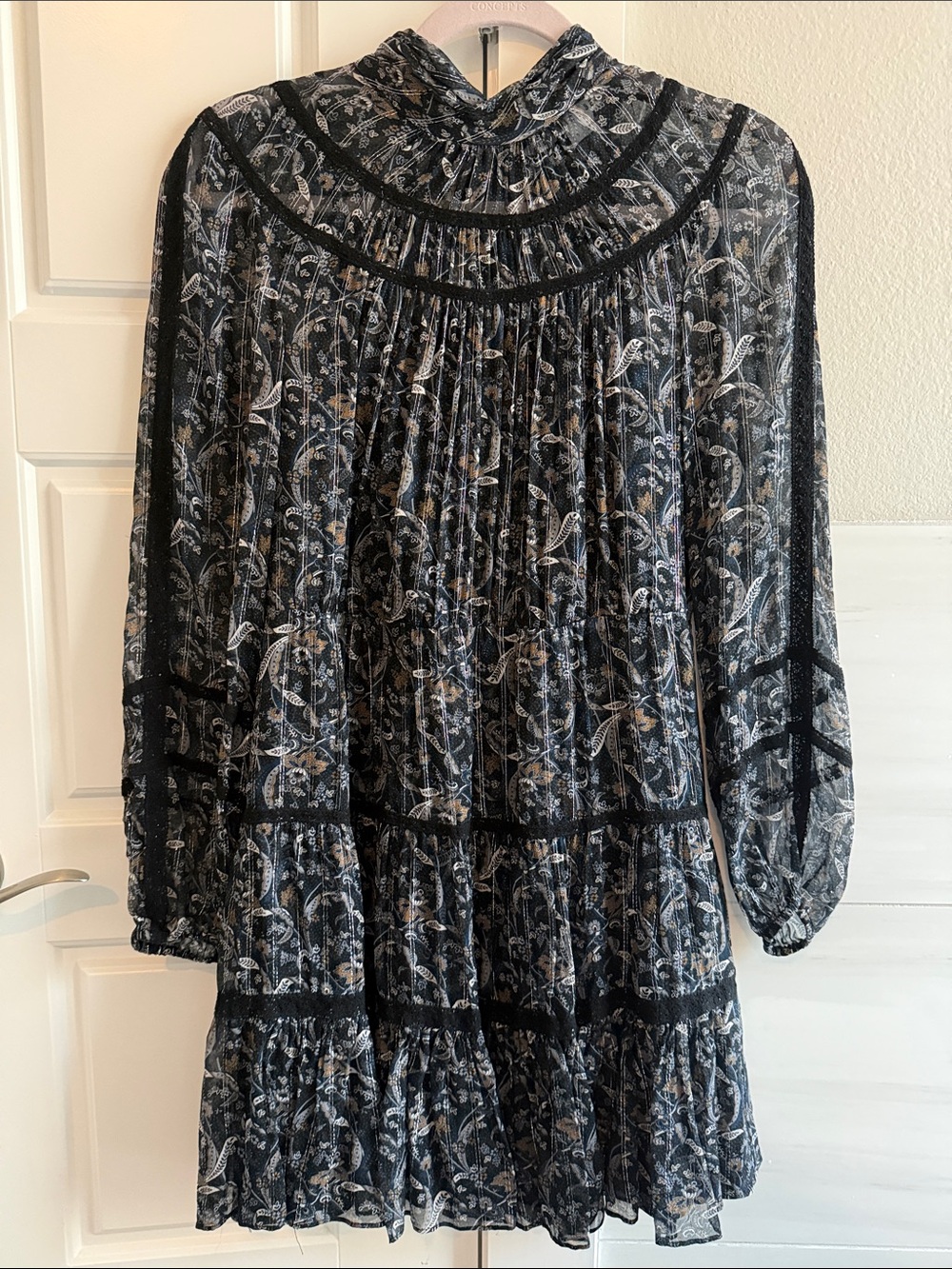 Veronica Beard Black Floral Long-Sleeve Tiered Smock Dress